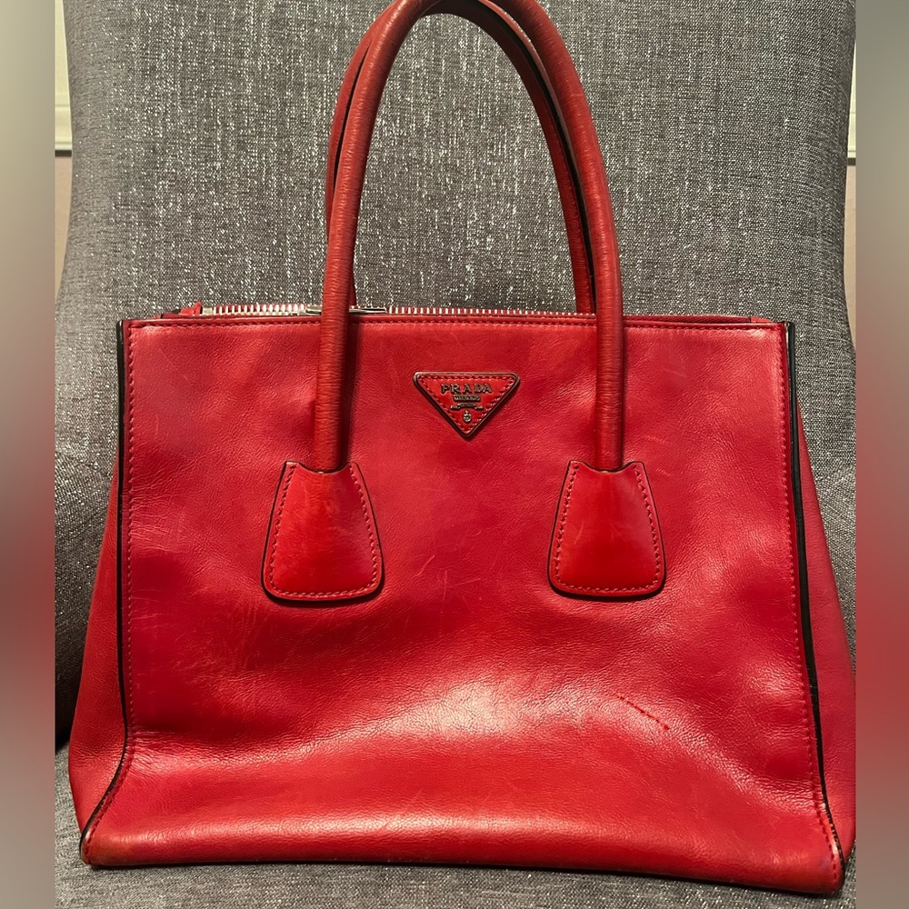Authentic Prada Calfskin Double Pocket Tote Red